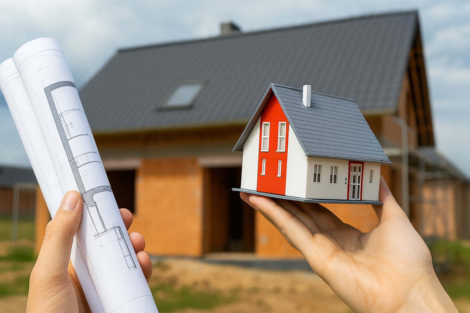 Plany budowlane i makieta domu na tle budowy – Mazowieckie / Warszawa